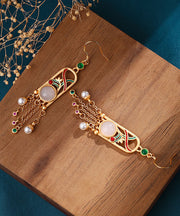 Boutique Gold Cloisonne Jade Tassel Drop Earrings