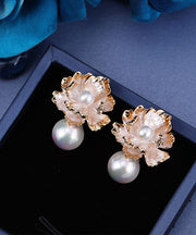 Boutique Gold Sterling Silver Overgild Pearl Floral Stud Earrings