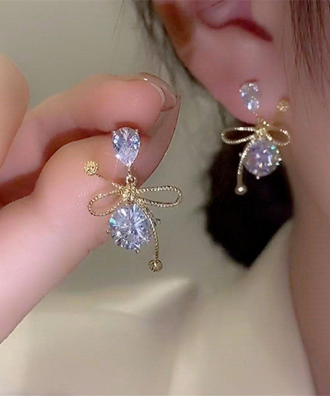 Boutique Gold Sterling Silver Overgild Zircon Crystal Bow Drop Earrings