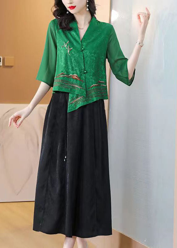Boutique Green Asymmetrical Embroidered Silk Shirt Tops Bracelet Sleeve