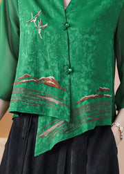 Boutique Green Asymmetrical Embroidered Silk Shirt Tops Bracelet Sleeve