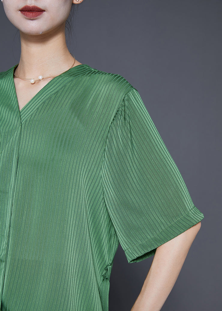 Boutique Green Asymmetrical Striped Silk Two Pieces Set Fall