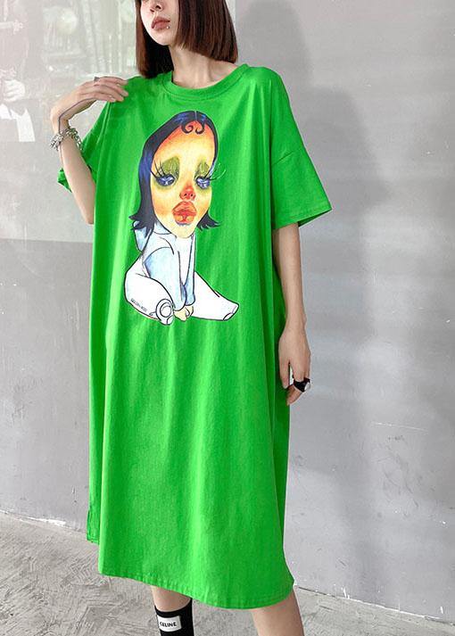 Boutique Green Character Pattern Side Open Long Dress - SooLinen