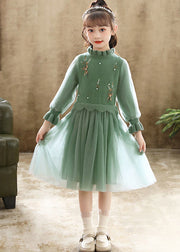Boutique Green Embroidered Patchwork Tulle Baby Girls Dress Fall