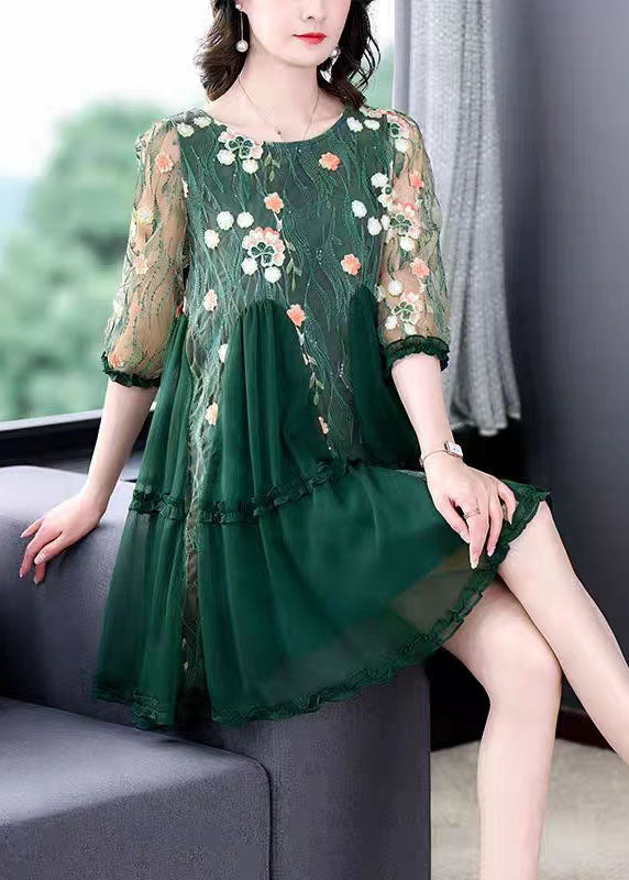 Boutique Green Embroidered Patchwork Tulle Mid Dresses Summer