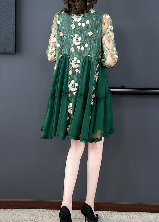 Boutique Green Embroidered Patchwork Tulle Mid Dresses Summer