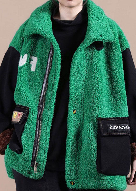 Boutique Green Embroidered denim Patchwork Faux Fur Jackets Winter