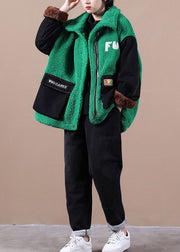 Boutique Green Embroidered denim Patchwork Faux Fur Jackets Winter