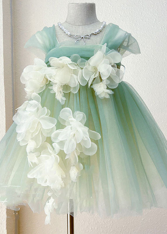 Boutique Green Floral Bow Patchwork Tulle Kids Girls Princess Dresses Summer