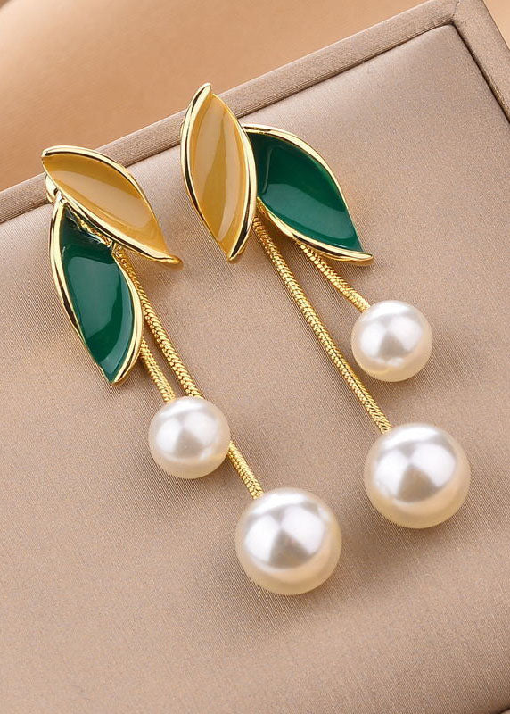 Boutique Green Leaf Pearl Metal Drop Earrings