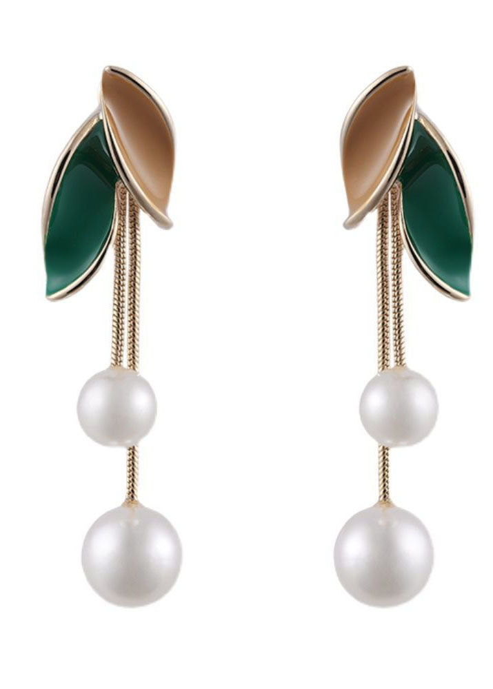 Boutique Green Leaf Pearl Metal Drop Earrings