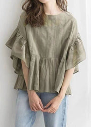 Boutique Green O-Neck Patchwork Wrinkled Cotton A Line Blouse Tops Butterfly Sleeve