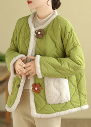 Boutique Green O Neck Pockets Fleece Wool Lined Jackets Winter