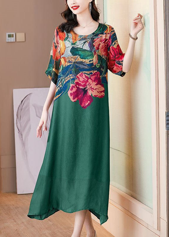 Boutique Green O Neck Print Patchwork Silk Dresses Summer