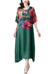 Boutique Green O Neck Print Patchwork Silk Dresses Summer