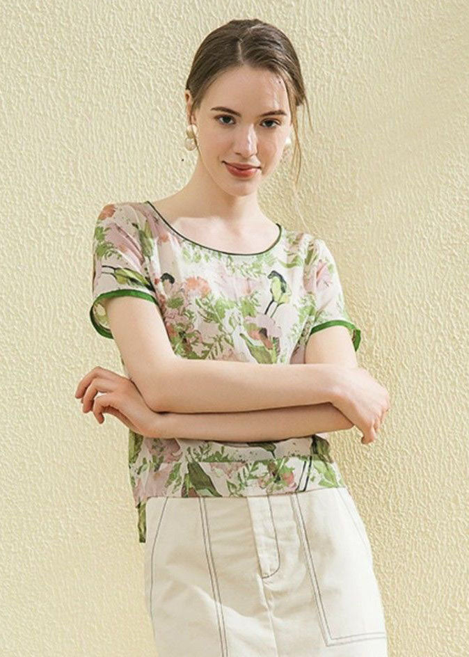 Boutique Green O-Neck Print Silk Shirt Tops Summer
