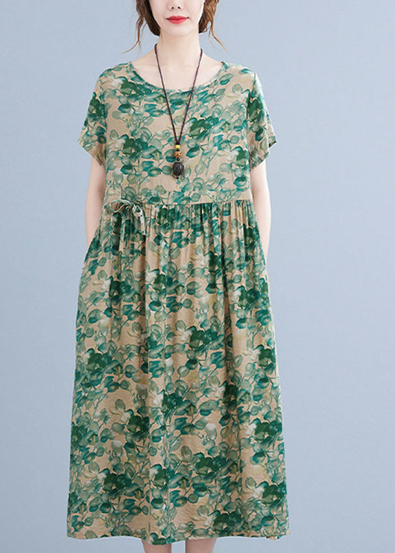Boutique Green O-Neck Tie Waist Print Wrinkled Cotton Linen Vacation Dress Short Sleeve