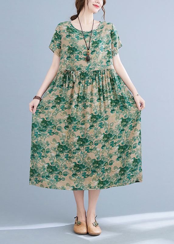 Boutique Green O-Neck Tie Taille Print zerknittertes Baumwoll-Leinen-Urlaubskleid mit kurzen Ärmeln