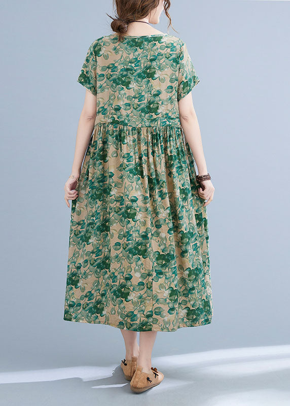 Boutique Green O-Neck Tie Taille Print zerknittertes Baumwoll-Leinen-Urlaubskleid mit kurzen Ärmeln