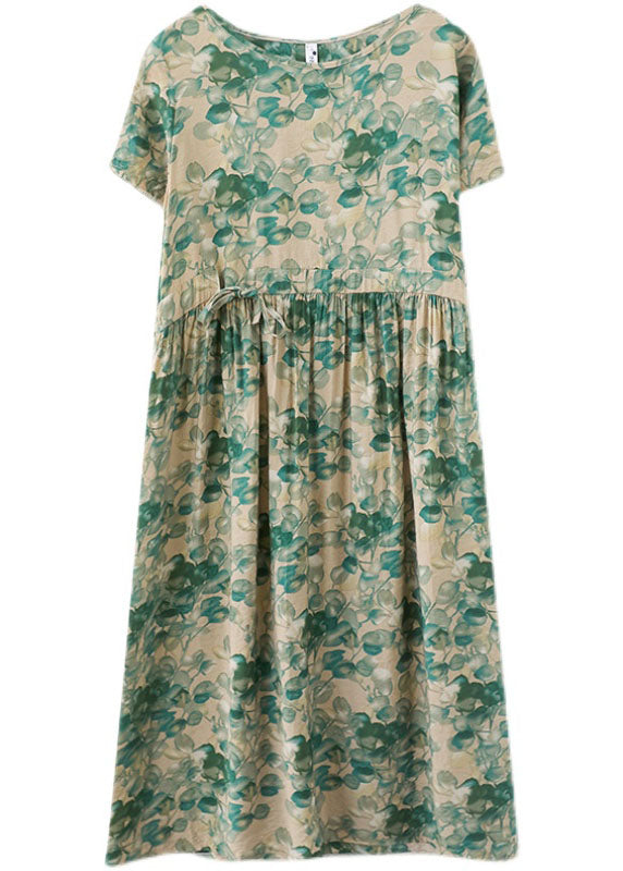 Boutique Green O-Neck Tie Waist Print Wrinkled Cotton Linen Vacation Dress Short Sleeve