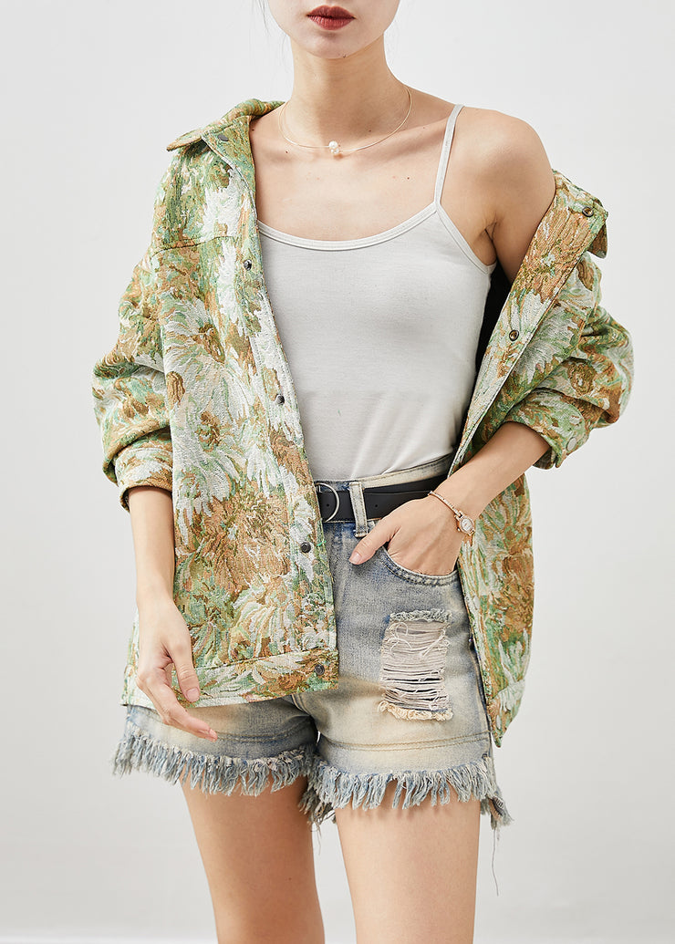 Boutique Green Oversized Floral Painting Denim Coat Fall
