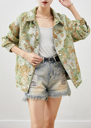 Boutique Green Oversized Floral Painting Denim Coat Fall