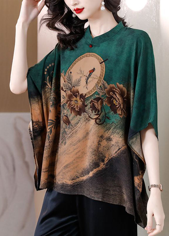 Boutique Green Oversized Print Silk Shirt Top Batwing Sleeve