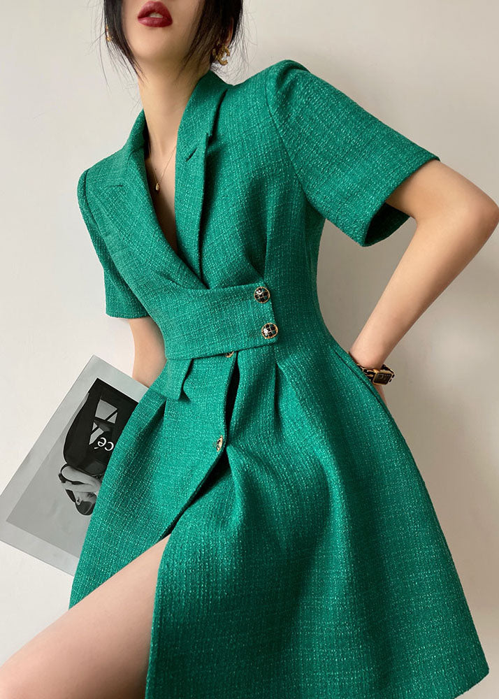 Boutique Green Peter Pan Collar Side Open Woolen Holiday Cinch Dress Short Sleeve