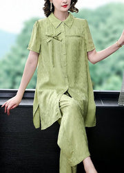 Boutique Green Peter Pan Collar Tops And Pants Silk 2 Piece Outfit Summer