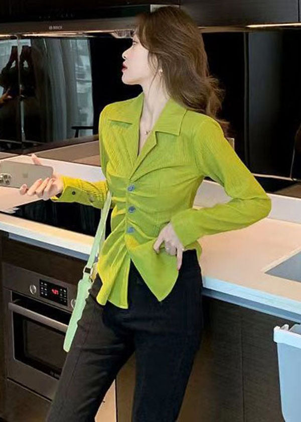 Boutique Green Peter Pan Collar Wrinkled Button Shirt Top Long Sleeve