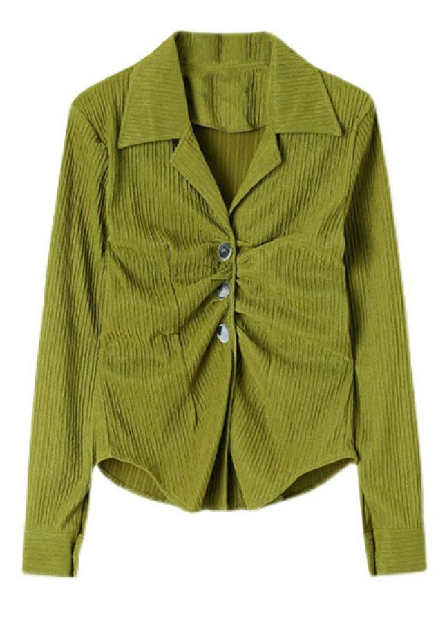 Boutique Green Peter Pan Collar Wrinkled Button Shirt Top Long Sleeve