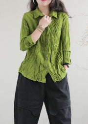 Boutique Green Peter Pan Collar Wrinkled Patchwork Cotton Shirt Top Spring