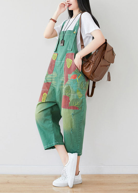 Boutique Green Pockets Patchwork Print Denim Jumpsuits Pants Spring
