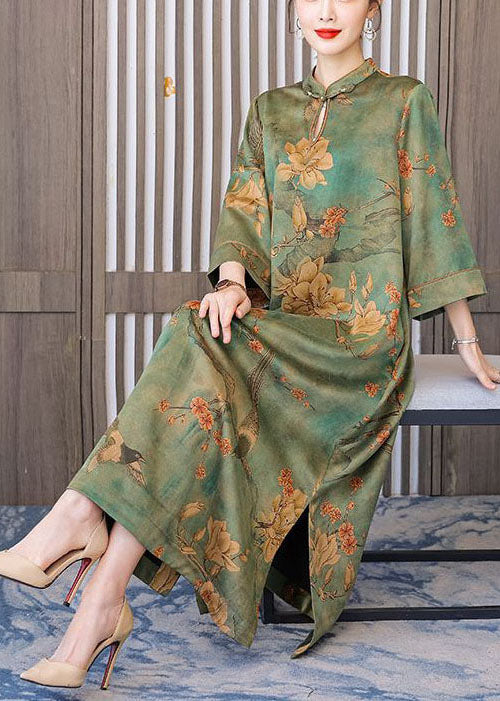 Boutique Green Print Chinese Button Silk Long Dress Bracelet Sleeve