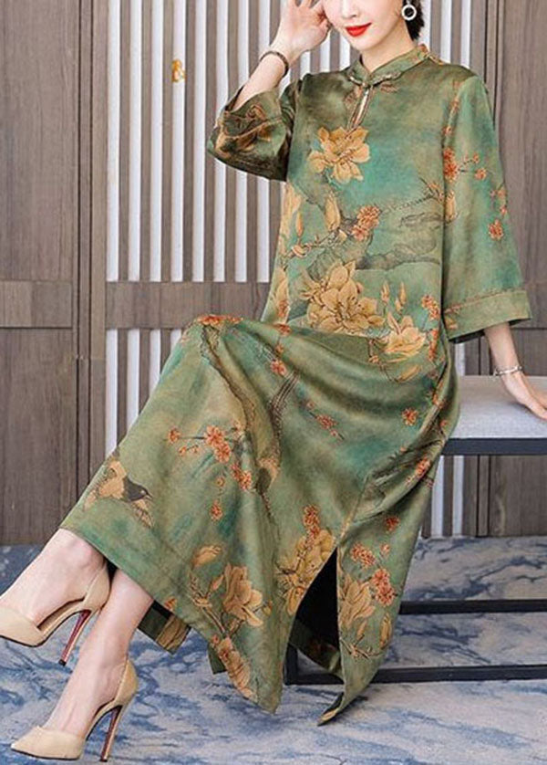 Boutique Green Print Chinese Button Silk Long Dress Bracelet Sleeve