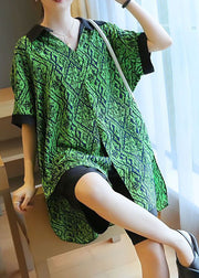 Boutique Green Print Patchwork Low High Design Chiffon Shirt Top Summer
