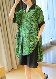 Boutique Green Print Patchwork Low High Design Chiffon Shirt Top Summer