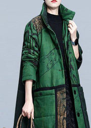 Boutique Green Print Pockets Thick Cotton Winter Long sleeve Coat