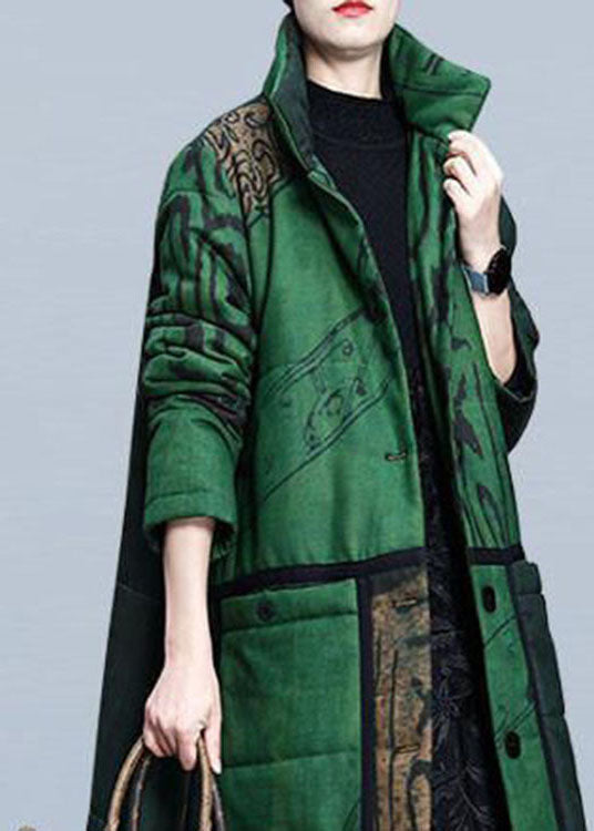 Boutique Green Print Pockets Wintermantel aus dicker Baumwolle mit langen Ärmeln
