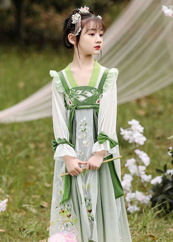 Boutique Green Ruffled Embroidered Patchwork Chiffon Kids Girls Dress Long Sleeve