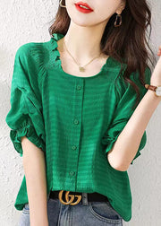 Boutique Green Ruffled Patchwork Chiffon Shirts Tops Summer