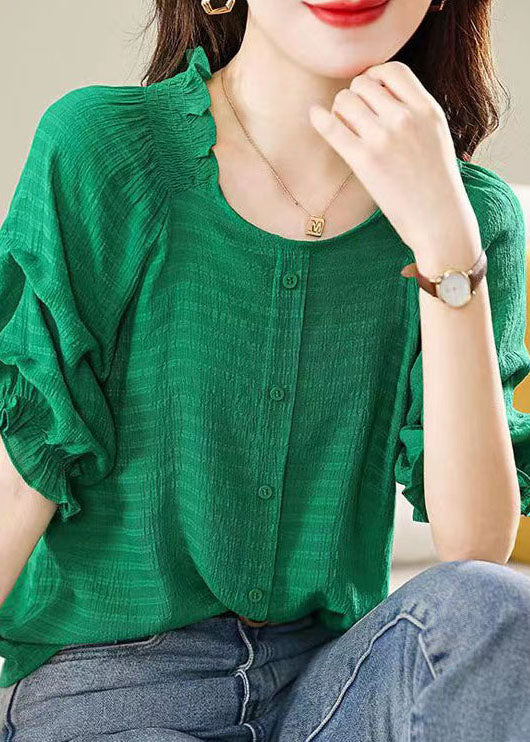 Boutique Green Ruffled Patchwork Chiffon Shirts Tops Summer