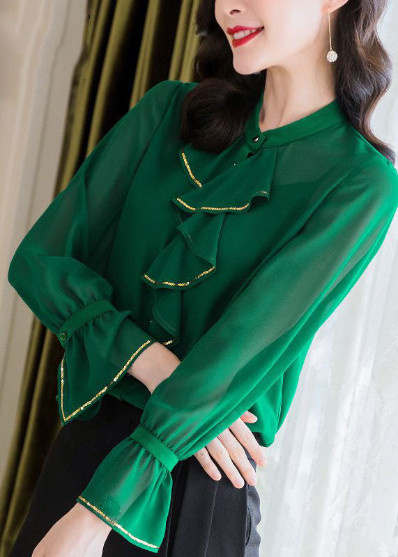 Boutique Green Ruffled Patchwork Chiffon Shirts Two Pieces Spring