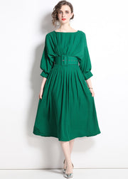 Boutique Green Solid Color Sashes Chiffon Pleated Dress Batwing Sleeve