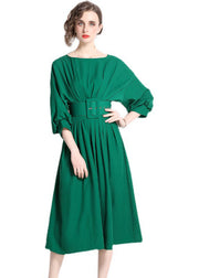 Boutique Green Solid Color Sashes Chiffon Pleated Dress Batwing Sleeve