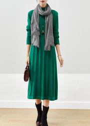 Boutique Green Stand Collar Wrinkled Knit Dress Winter