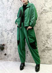 Boutique Green Stand Collar Zippered Warm Fleece Corduroy Coats And Pants Two Pieces Set Winter