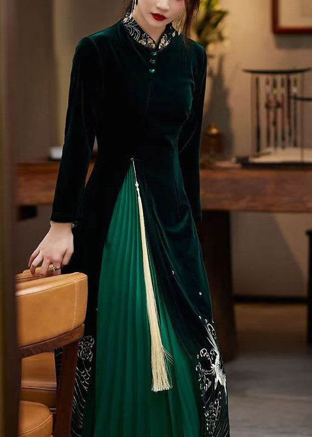 Boutique Green Tasseled Embroidered Patchwork Velour Dresses Spring