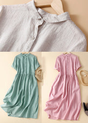 Boutique Green Turn-down Collar Button Linen Vacation Dresses Short Sleeve