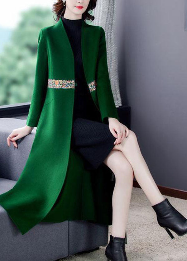 Boutique Green V Neck Embroidered Slim Fit Woolen Trench Winter
